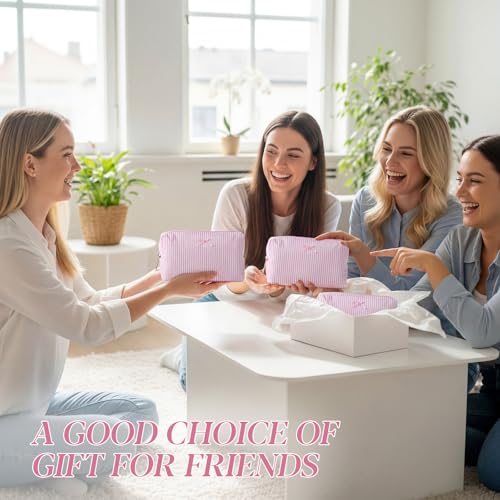 8 Pcs Seersucker Makeup Bag Set with Striped Pattern - Light Pink