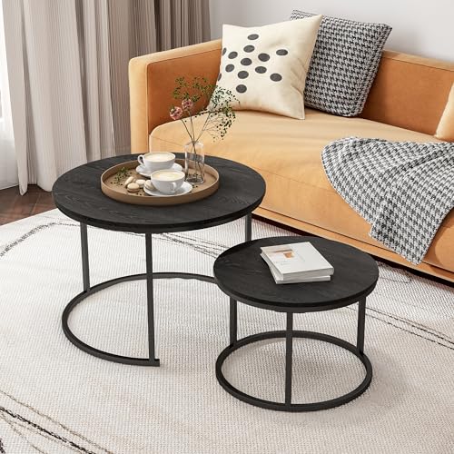 HOJINLINERO Black Nesting Coffee Table Set of 2 - Space-Saving Wooden Cocktail Tables