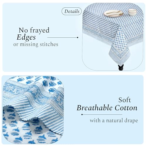 CPC Apatite Blue Hand Block Printed Cotton Rectangular Tablecloth 70x118 Inch