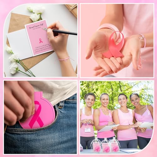 Geetery 72 Pcs Breast Cancer Awareness Gifts Set for Women Compact Folding Mirrors, Pink Ribbon Bracelets, Organza Bags for Breast Cancer Charity Event Survivor Campaign Party Accessories(Pink)