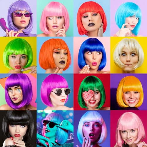 Multicolor Short Bob Wigs with Heart Sunglasses Party Set - 7 Colors