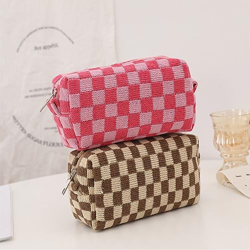 Small Cosmetic Bag Y2k Checkered Makeup Purse Bag Travel Toiletry Bag Zipper Storage Organizer