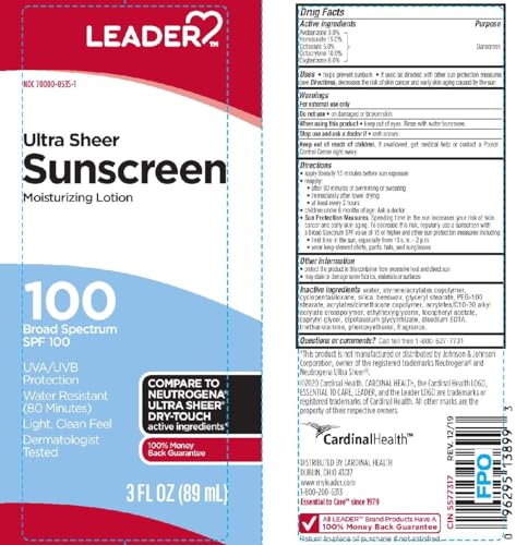 Leader Travel Sunscreen SPF 100+ 3 Pack - Ultra Sheer Water-Resistant, Dry-Touch Lotion