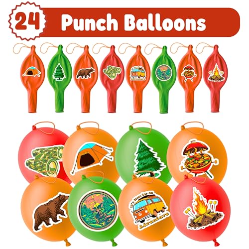72 PCS Camping Party Favors for Kids ? 48 Pre-Cut Temporary Tattoos & 24 Camping Punch Balloons Themed Birthday Party Decorations Supplies Favors Gifts, Goodie Bag Fillers, Classroom Rewards