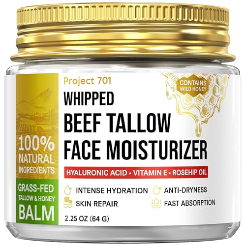Beef Tallow for Face and Skin - Grass Fed Tallow and Honey Balm, Face Moisturizer with Liposomal Hyaluronic Acid - Day and Night Cream for Dry Sensitive Skin, Glass Jar 2.25 oz