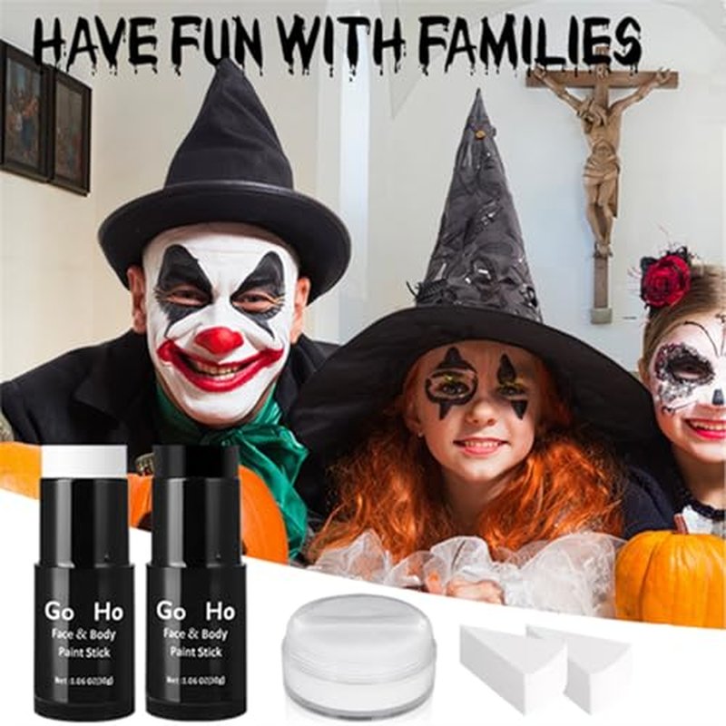 Go Ho White and Black Face Paint Stick with Setting Powder,2 PC White Sponges Set,Waterproof Full-coverage Face Body Paint for Halloween Costumes Clown Skeleton Vampire Skull Cosplay Makeup