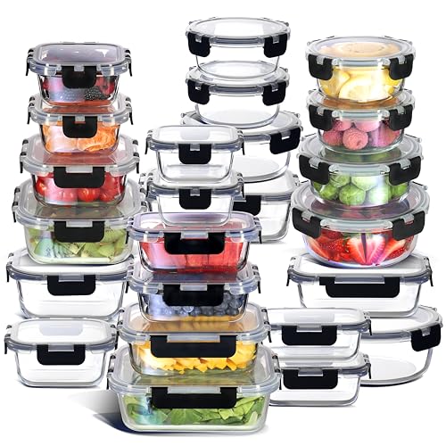 Black Glass Food Storage Containers Set - 24 Pack with Airtight Lids, Meal Prep & Freezer Safe