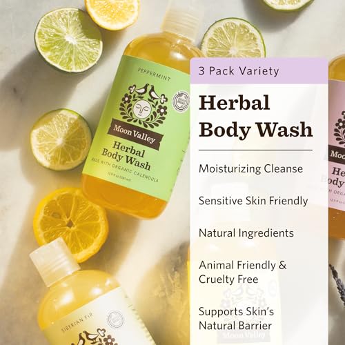 Moon Valley Organics Herbal Body Wash, Lavender, Peppermint, Siberian Fir, All Natural Ingredients, No Parabens, Vegan, Moisturizing Essential Oils, Variety 3 Pack