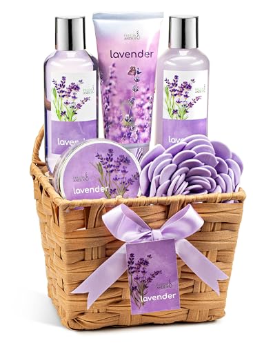 Lavender Bath and Body Gift Set for Women in Wicker Basket - Relaxing Spa Collection