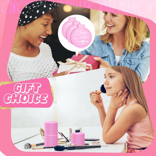 Wenqik 64 Pcs Pink Inspirational Mini Compact Mirrors for Purse Women Small Gifts Bulk, Round Makeup Folding Hand Mirrors, Client Guest Gifts Ideas, Women's Day Party Favors for Bridal Wedding