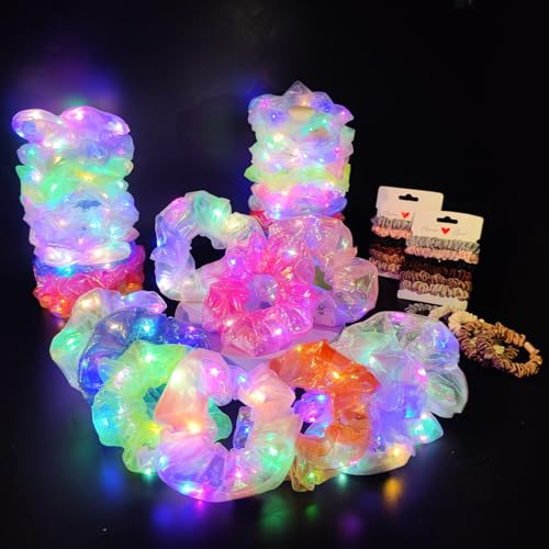 Multi-Colored 30 Pack Light Up LED Scrunchies & 18 Satin Hair Ties for Parties & Raves