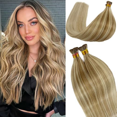 Human Hair Extensions Balayage Brown to Blonde 14 Inch 50g - Seamless I Tip, Ultra Soft, Long Hair