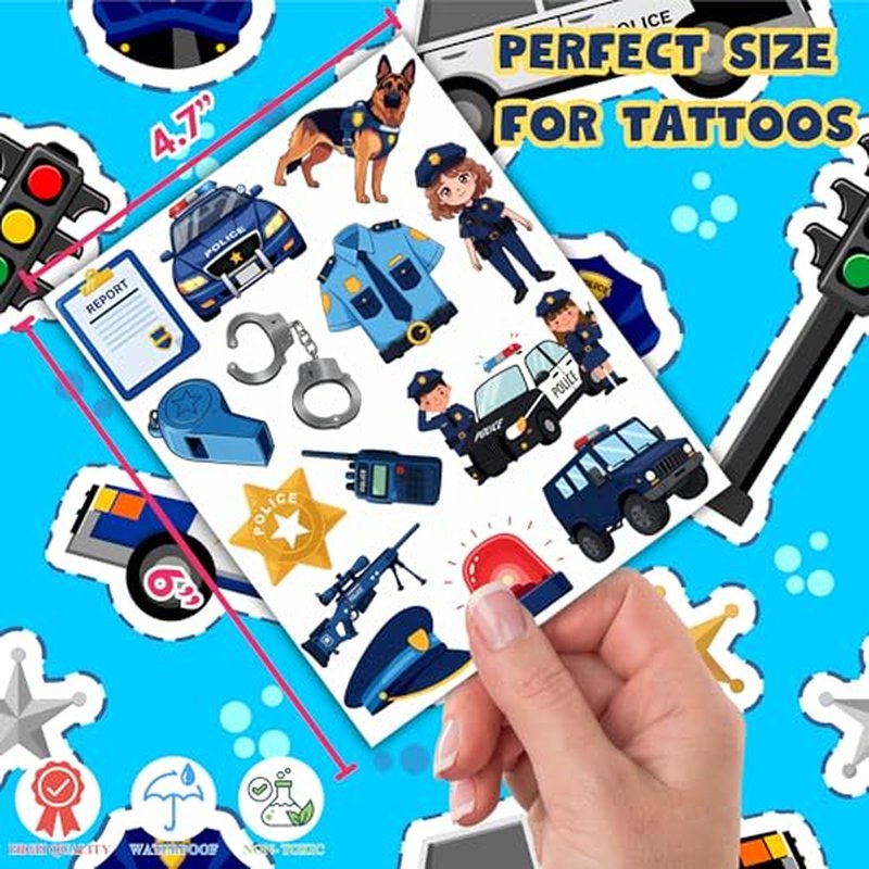 50 PCS Police Temporary Tattoos for Kids, Police Car Polices Officer Policeman Themed Tattoos for Birthday Party Supplies, Favors, Decorations Cute Fake Tattoo Stickers for Boys Girls Party Bag Filler