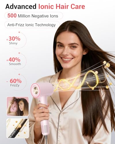 Pink Ionic Hair Dryer - High-Speed 150,000 RPM Professional Blow Dryer with Negative Ions
