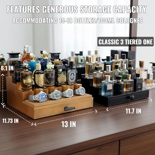 Cologne and Watch Organizer Walnut Brown ? Wooden Perfume Display Stand with Jewelry Storage Drawer, Velvet Lining, Hidden Compartment ? Large Cologne Holder ? Gift Box Included