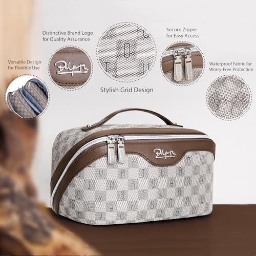 BOYATU Travel Makeup Bag Cosmetic Bags for Women: Large Make up Bags Set of 3 - Portable Makeup Organizer with Compartments&Handle&Divider - Waterproof PU Leather Toiletry Bag(C-1-Light Brown)