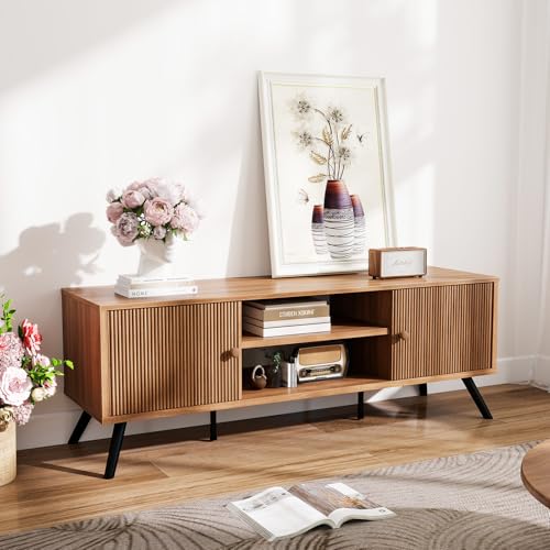 Brown 53-Inch Mid-Century Modern TV Stand for 55-65 Inch TVs with Fluted Doors