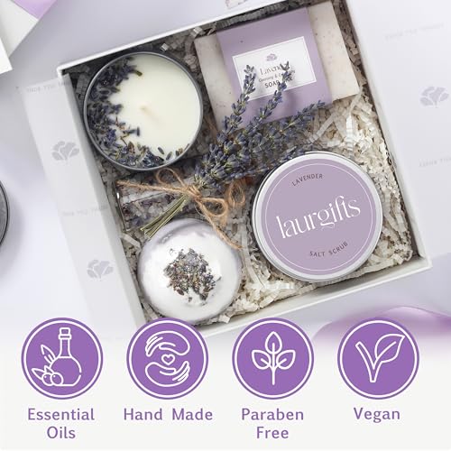 Lavender Spa Gift Basket for Women – Self Care Set with Candle, Bath Bomb & More