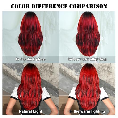 Cherry Red Ombre Black Layered Tail Wig 24 Inch with Dark Roots - Heat-Resistant Synthetic Fiber, Cosplay & Daily Wear