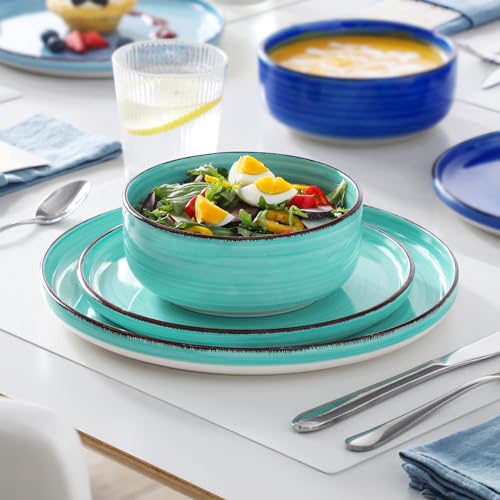 Blue Stoneware Dinnerware Set for 6 - 24 Pieces with Bowls, Plates & Variation