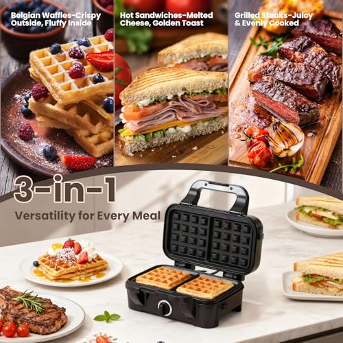 Metine 3-in-1 Waffle Maker with Removable Plates, Standard Indicator, Nonstick, 5-Level Browning