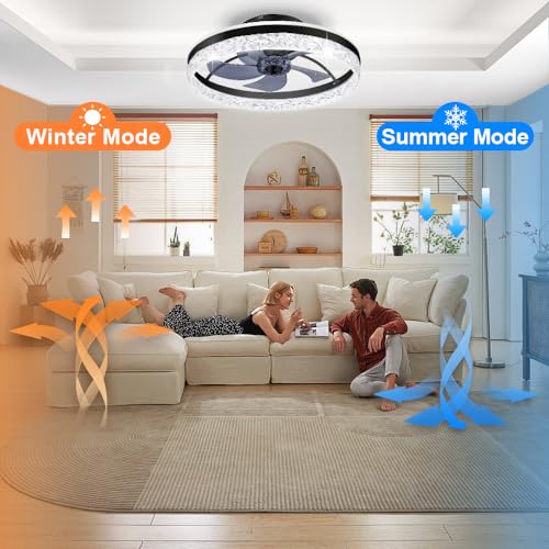 Low Profile Flush Mount Ceiling Fan with Light, Bluetooth Speaker & Remote - Black