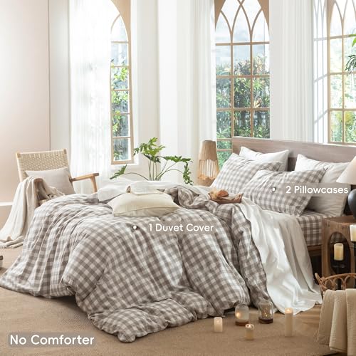 MooMee Buffalo Plaid Tannish Linen Grey King Duvet Cover Set, 3 Pieces