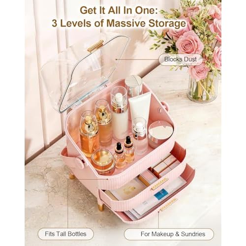 Makeup Organizer with Drawers & Lid - Portable Large Cosmetic Storage Case for Vanity Countertop, Travel, Gift for Women, Girls, 11"¡¿7"¡¿15", Pink