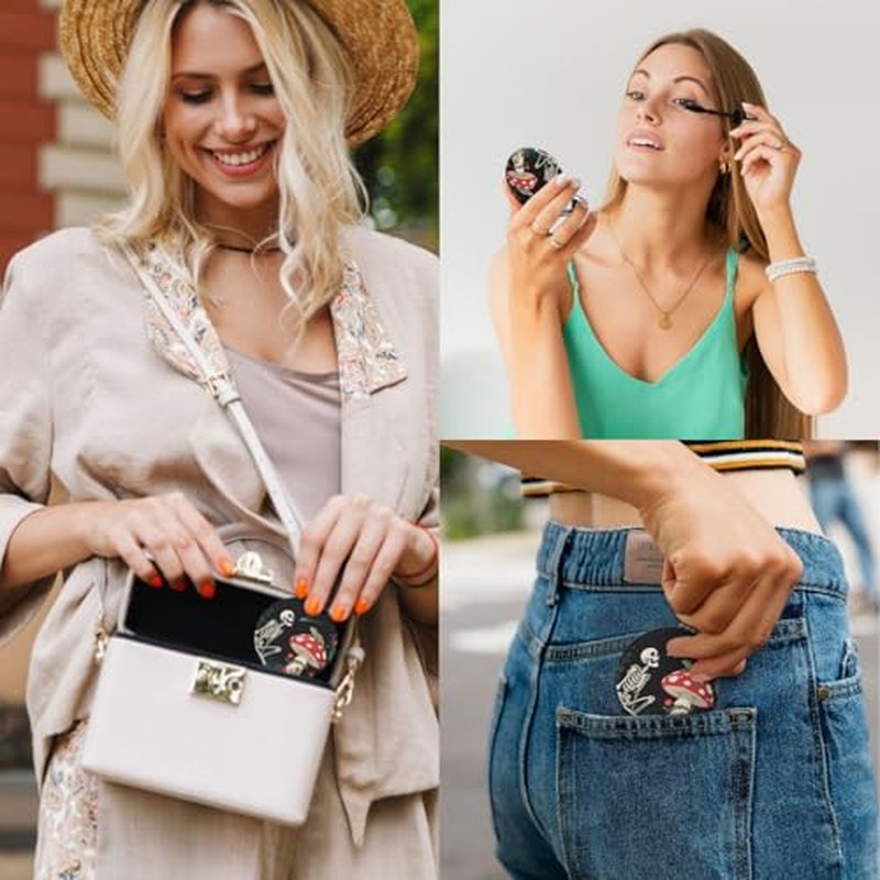 Double-Sided Pocket Compact Mini Makeup Mirrors 1x, 2X Magnifying Mirror Portable Foldable Round Small Purse Mirror Suitable Daily Party Travel for Man Woman - Skull Lizard