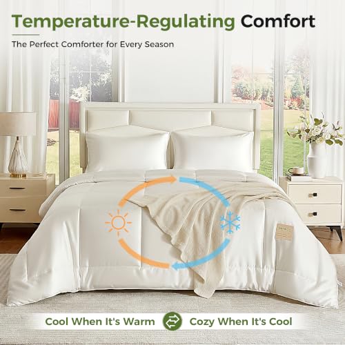 Queen Size Cooling Bamboo Comforter - Hypoallergenic All-Season Duvet Insert - White 88x88 Variation