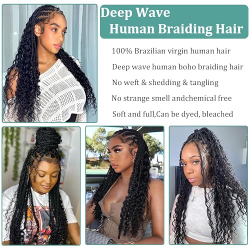 Natural Black Deep Wave Human Hair Braiding Extensions 16 Inch - Boho Braid Hair