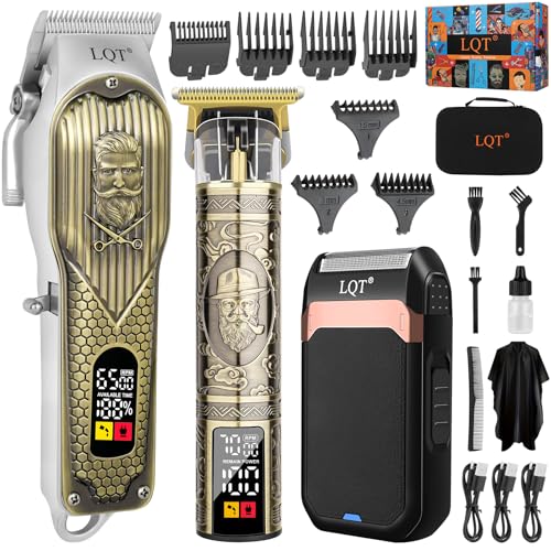Cordless Hair Clippers Set for Men, Professional Hair and Beard Trimmer Kit with LED Display, Foil Shaver, Powerful Motor, Multiple Combs, Bronze, Grooming Gift for Him, Home and Salon,Barber Kit