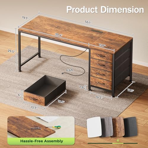 PRAISUN Rustic Brown 55 Inch Computer Desk with USB-C & Power Outlets, Reversible Gaming & Workstation with 4 Fabric Drawers