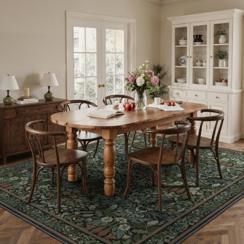 8x10 Dark Green Washable Rug with Vintage Floral Design - Non Slip, Soft Faux Wool