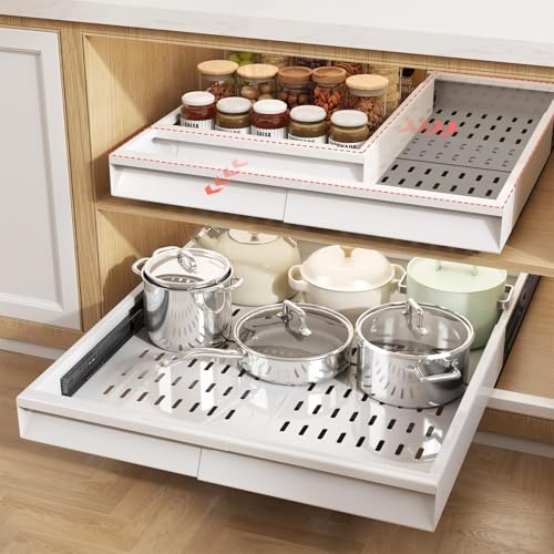Pull Out Cabinet Organizer 2 Pack - Adjustable 13-21 W x 17-24 D, 3 Rail Slide Out Drawers, White