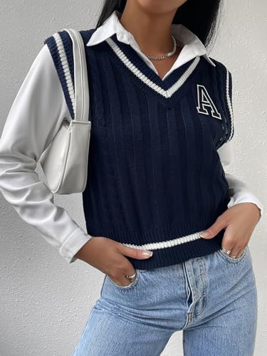 Large Navy Blue V Neck Letter Striped Sleeveless Sweater Vest for Women