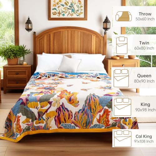 Cali King Boho Throw Blanket Floral Bird Butterfly Pattern Organic Cotton Oversized 91x108