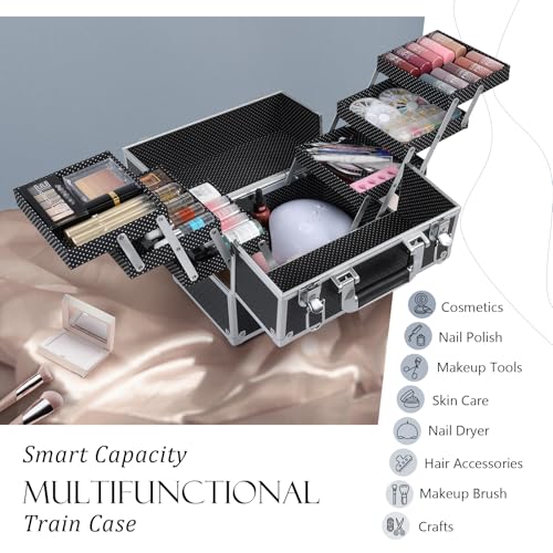 FRENESSA Black Makeup Train Case with 6 Trays 11.8 Inch Portable Cosmetic Organizer