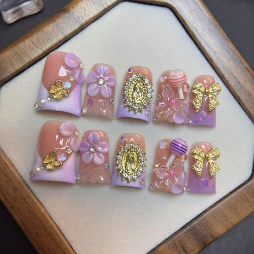 RIICFDD Handmade Duck-Shape Press On Nails - Medium Purple French Bow Variation of M
