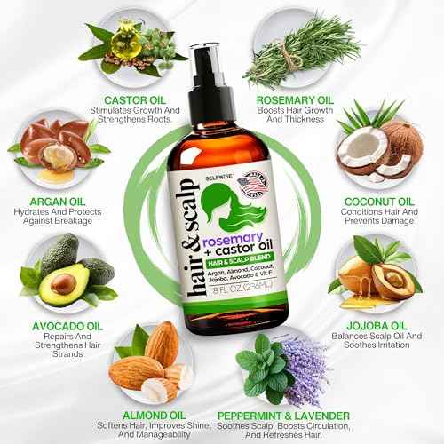Organic Rosemary Oil For Hair Growth with Castor, Argan, Coconut, Almond, Jojoba, Avocado, Grapeseed, Vitamin E, Lavender & Peppermint for Hair & Scalp Treatment, All Hair Types, Men & Women 8oz