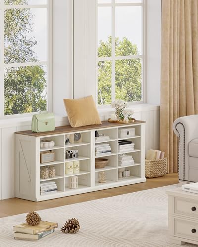 Hzuaneri Antique White Wooden Shoe Storage Bench with Cubby, 11.8"D x 41"W x 23.8"H, Farmhouse Entryway Seat