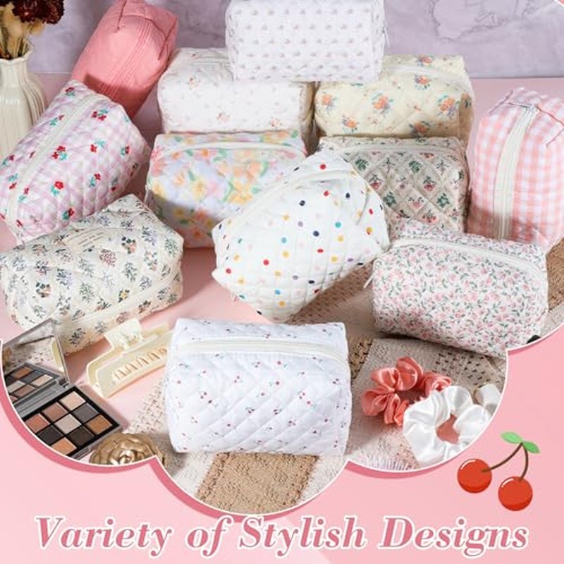 12 Pcs Cotton Quilted Makeup Bag for Women Girls Small Quilted Makeup Bag for Women Coquette Aesthetic Makeup Pouch Floral Cotton Cosmetic Bag Travel Toiletry Bag Organizer for Her Mom Friend Sister