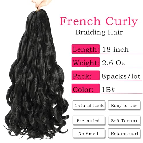 French Curly Braiding Hair 18 Inch 8 Packs - Pre-Stretched Wavy Synthetic Extensions Black