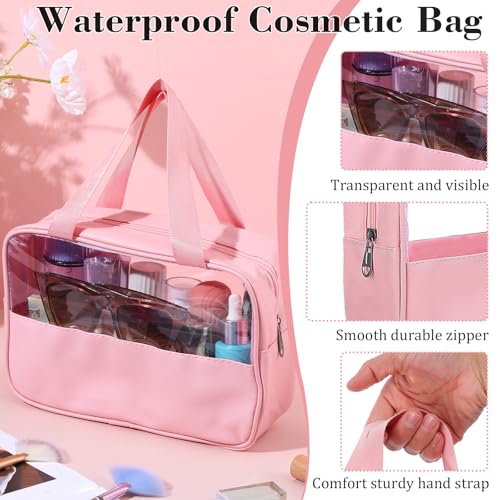 8 Pcs Clear Cosmetic Bags with Zipper, Clear Toiletry Bag, Transparent Makeup Bag for Women Men, Waterproof Travel Organizer with Handle, 10.2 x 6.3 x 2.8 Inches (Pink)