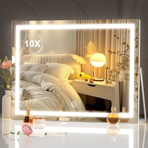 Hasipu Vanity Mirror with Lights, 17.7" x13.8¡± - 10X Magnification, Smart Touch 3 Color Modes, Brightness Control & 360¡Æ Rotation
