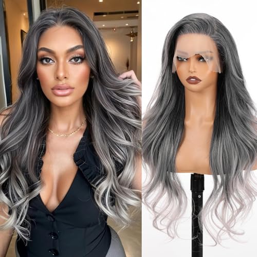 Allbell 13x6 Lace Front Wigs for Black Women - Ombre Gray Silver, 28 Inch Body Wave, Preplucked Hairline with Baby Hair - Balayage Gray 1005-5GR28