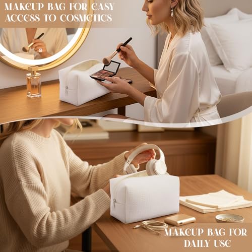 Gilprop 8 Pcs Holiday Makeup Bag Set - White, Cozy & Spacious Cosmetic Organizer