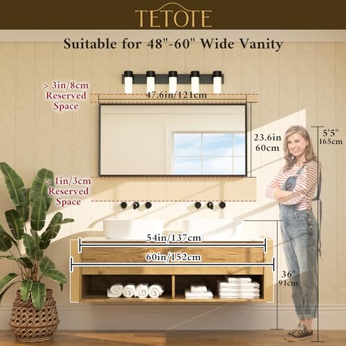 TETOTE Matte Black 48x24 Inch Beveled Bathroom Mirror with Frame for Over Sink