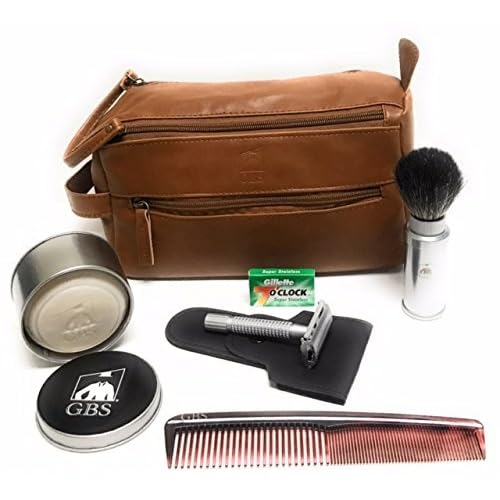 G.B.S Men's Grooming Set - Butterfly Double Edge Razor, Toiletry Bag, Badger Shave Brush Case Chrome, Hair Dressing Comb, Stainless Steel Bowl & DE Blades!