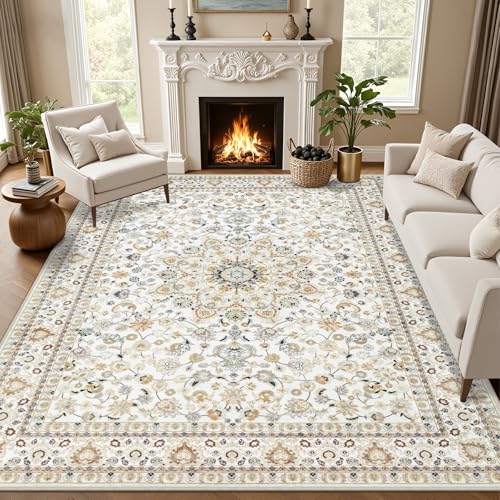 ExpediX 8x10 Area Rug - Washable Vintage Beige Living Room Rug